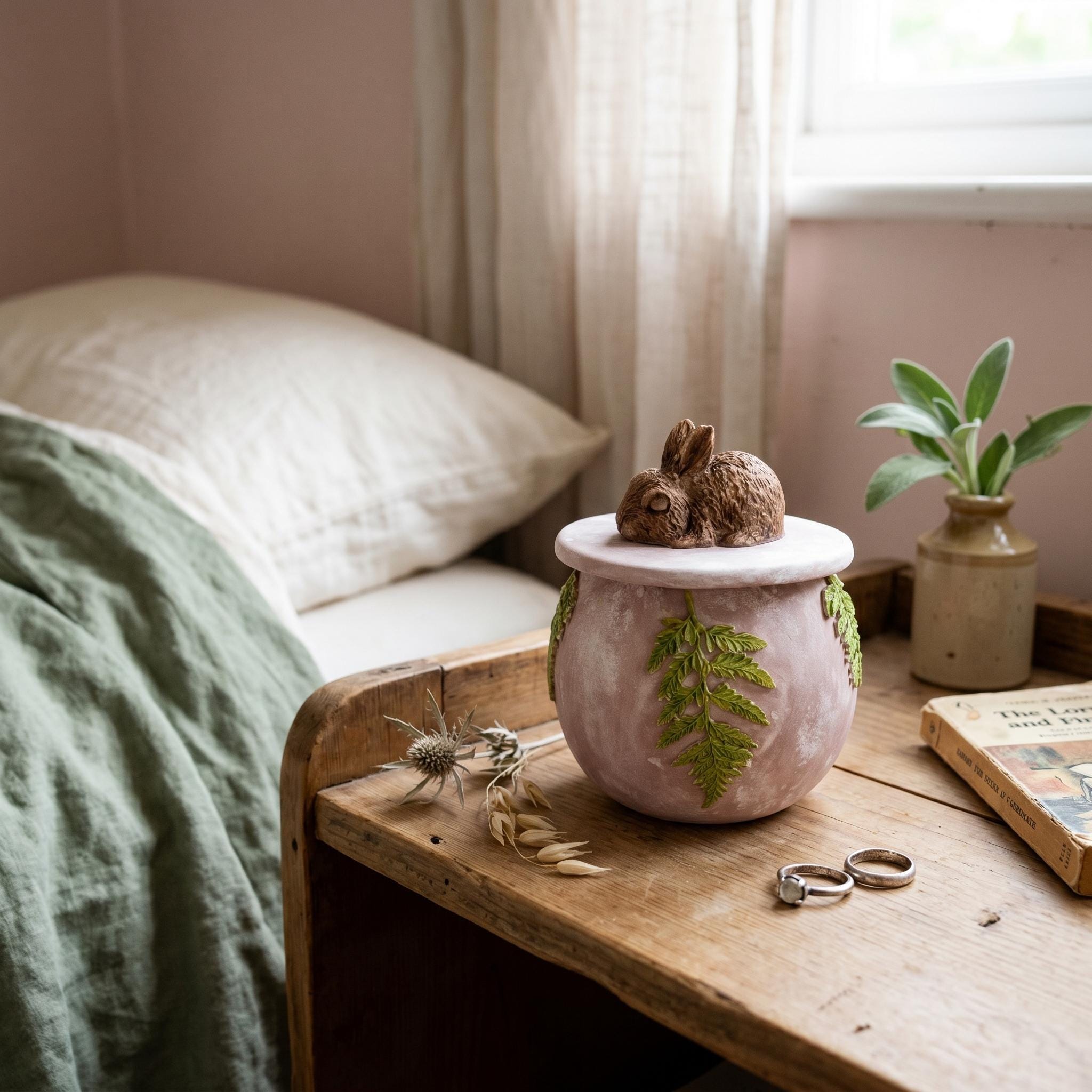 Rabbit Trinket Box – Handmade Air Dry Clay Sculpture with Sleeping Bunny & Fern Leaves