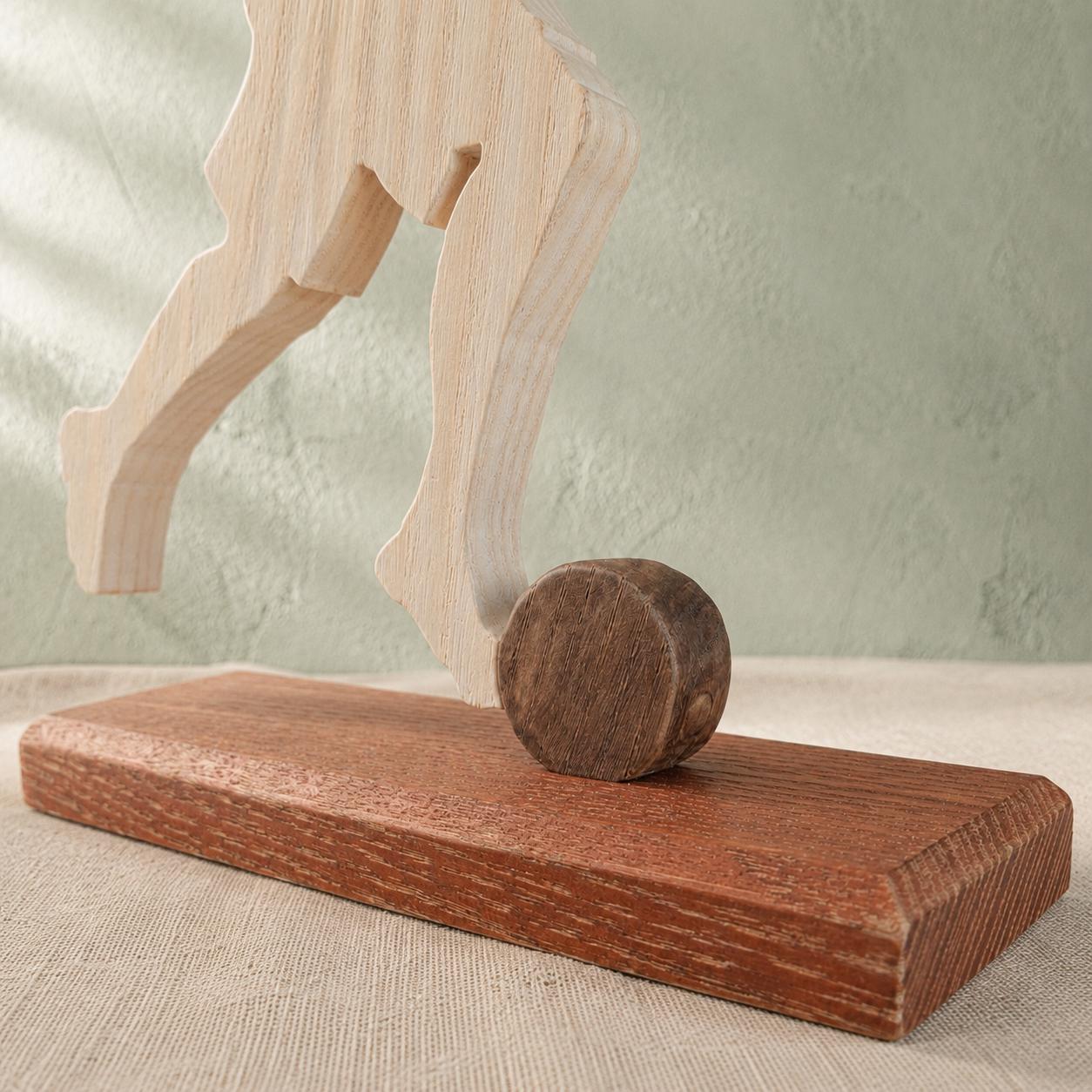 Soccer Player Sculpture – Handmade Wooden Football Figurine on Wood Base