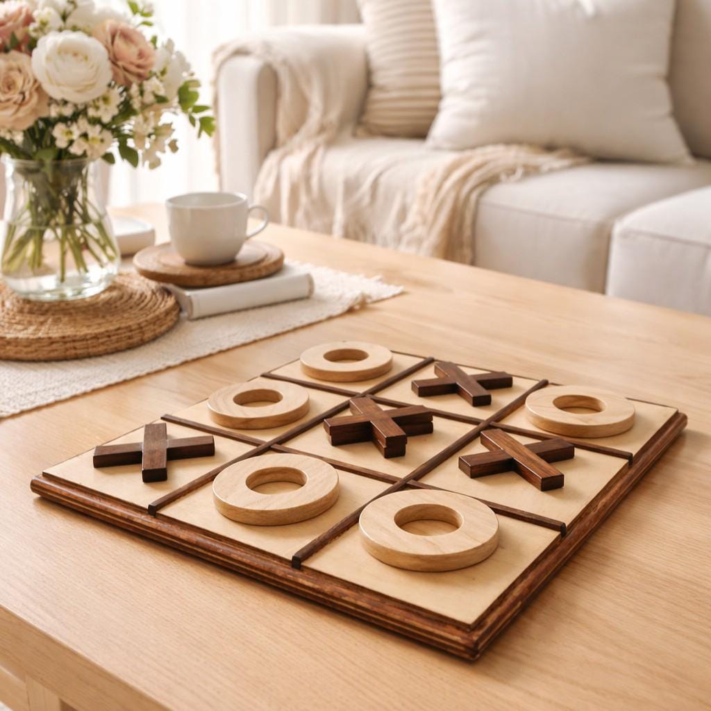 Wooden Tic Tac Toe – Handmade Two-Tone Wood Board Game, 30cm