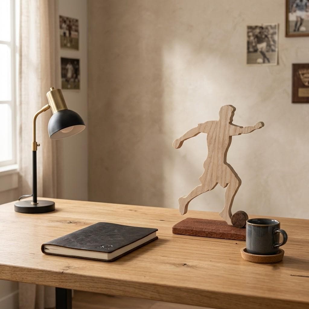 Soccer Player Sculpture – Handmade Wooden Football Figurine on Wood Base