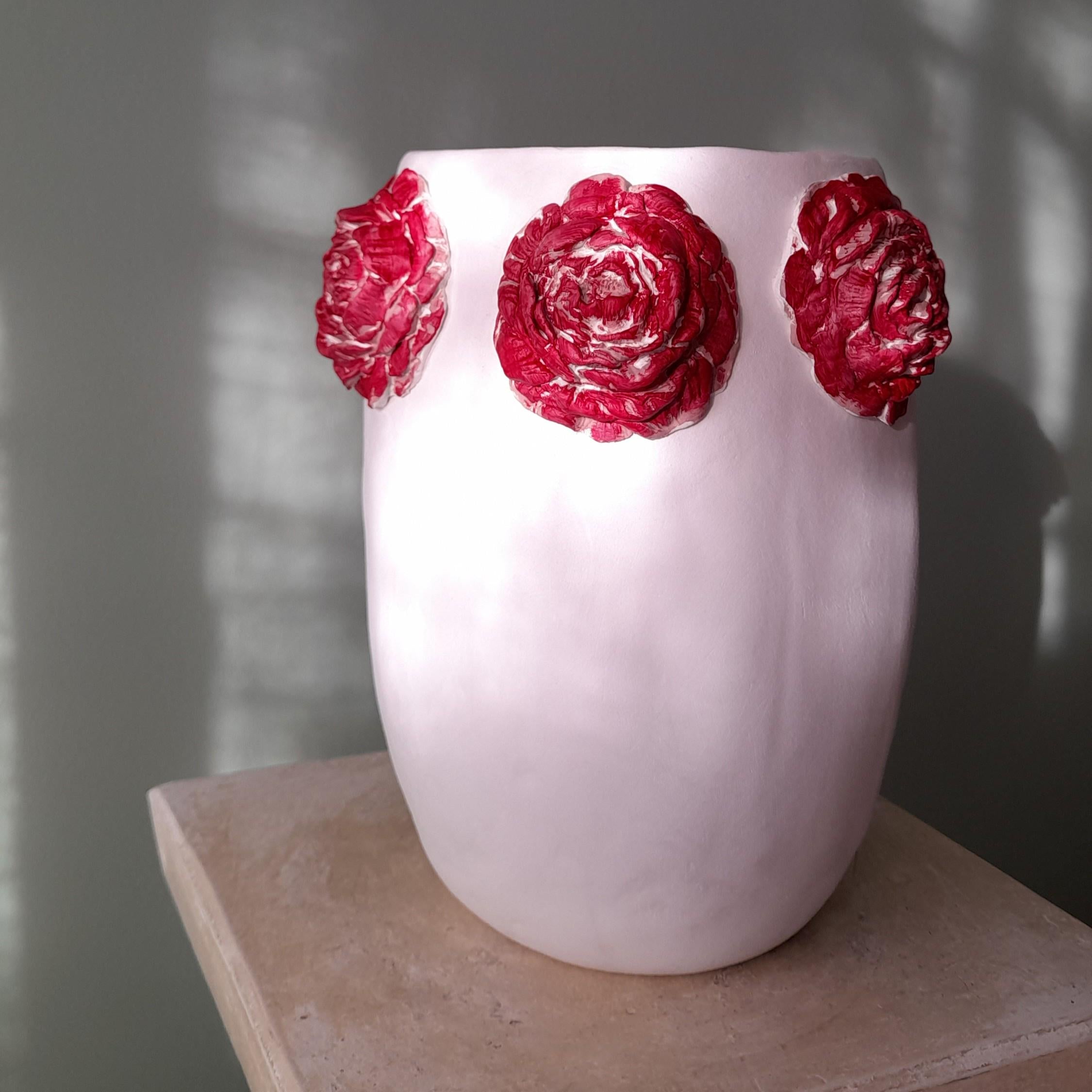 Camellia Vase – Handmade Air Dry Clay Sculpture with Red Floral Relief