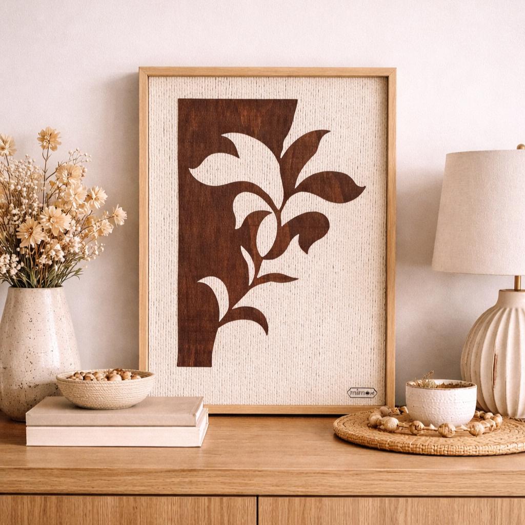 Folhagem em Silêncio – Handmade Minimalist Leaf Wall Art in Dark Wood & Cotton Rope