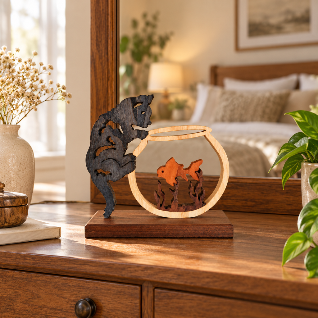 Curiosité féline – Sculpture artisanale en bois représentant un chat et un poisson
