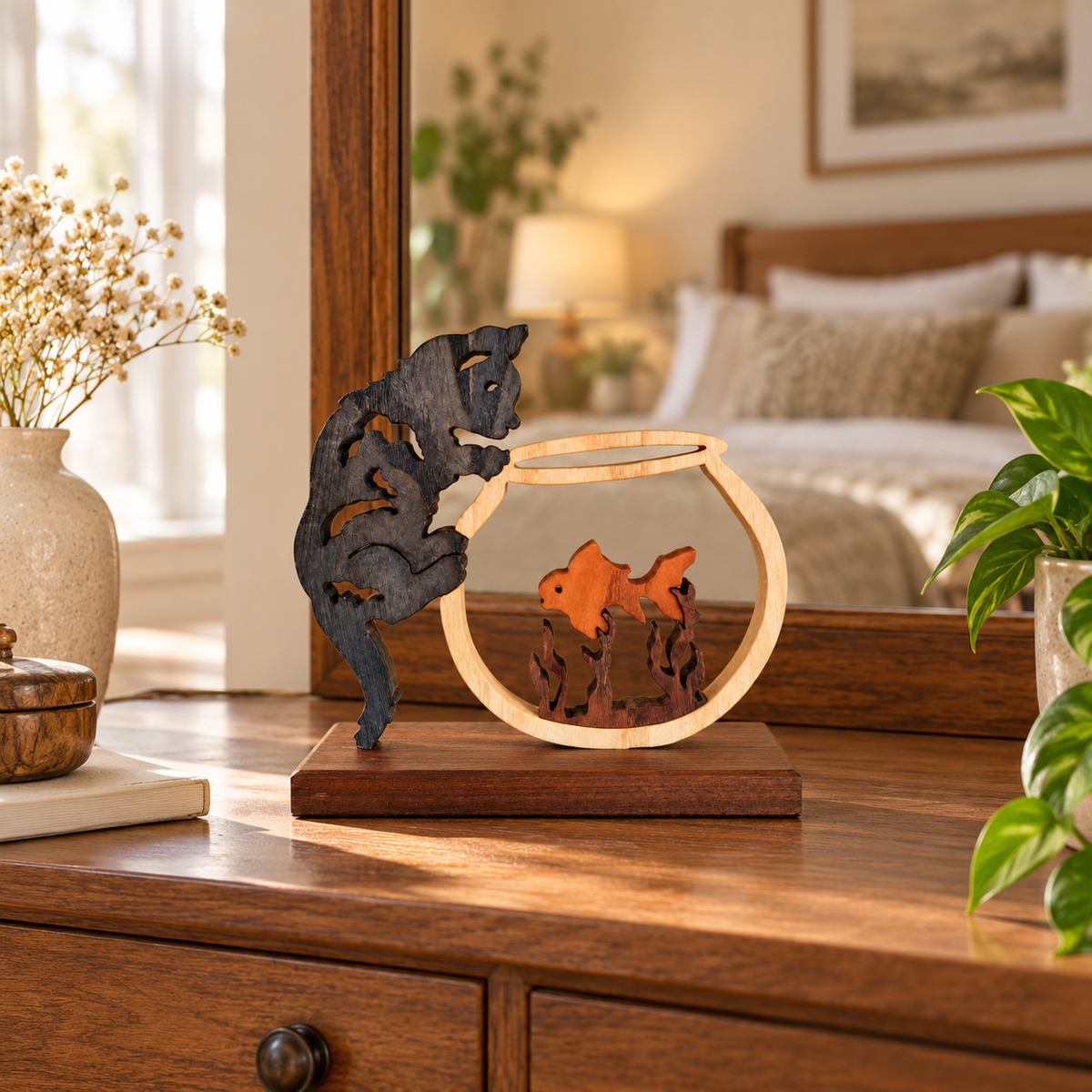 Curiosité féline – Sculpture artisanale en bois représentant un chat et un poisson