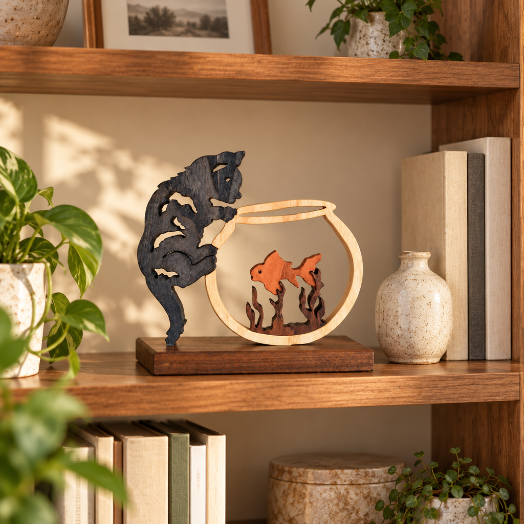 Curiosité féline – Sculpture artisanale en bois représentant un chat et un poisson