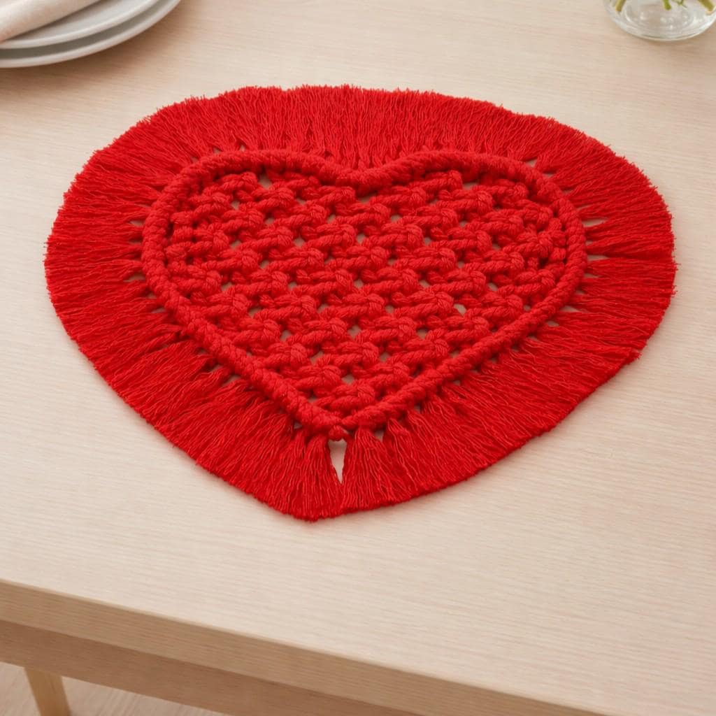 Corações Entrelaçados – Handmade Red Macrame Heart Set with Cotton Fringe