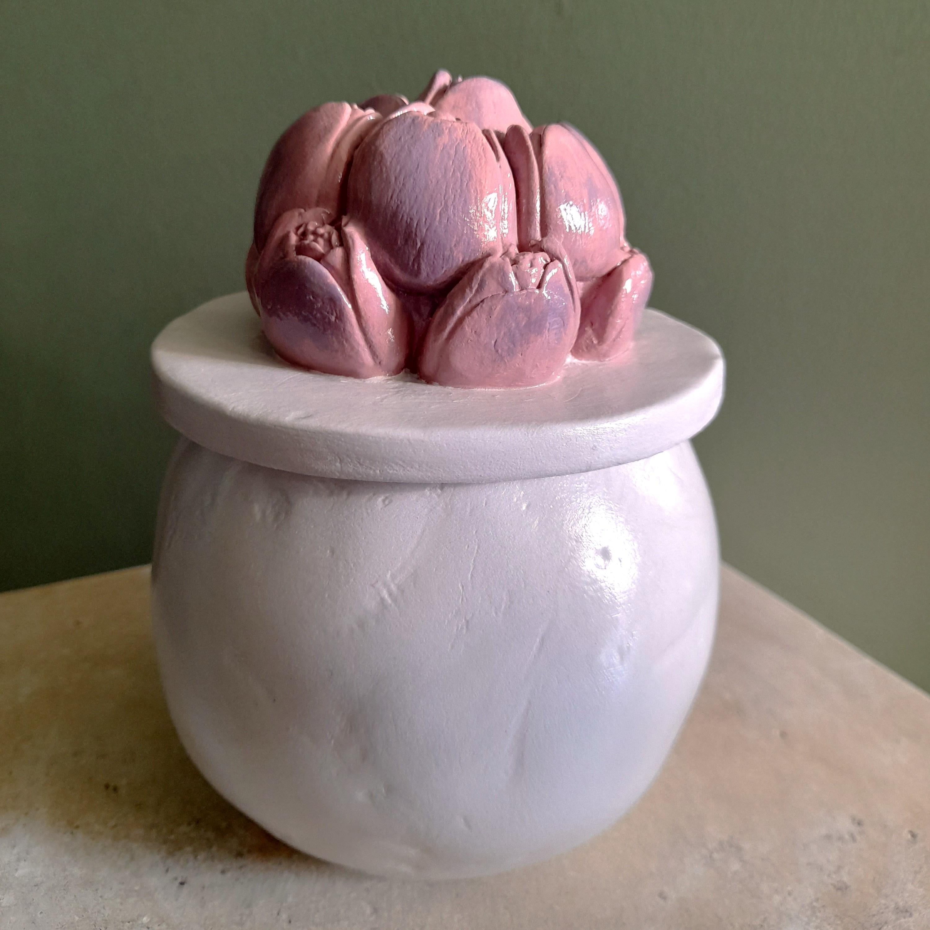 Tulip Jewelry Box – Handmade Air Dry Clay Box with Sculpted Floral Bouquet Lid