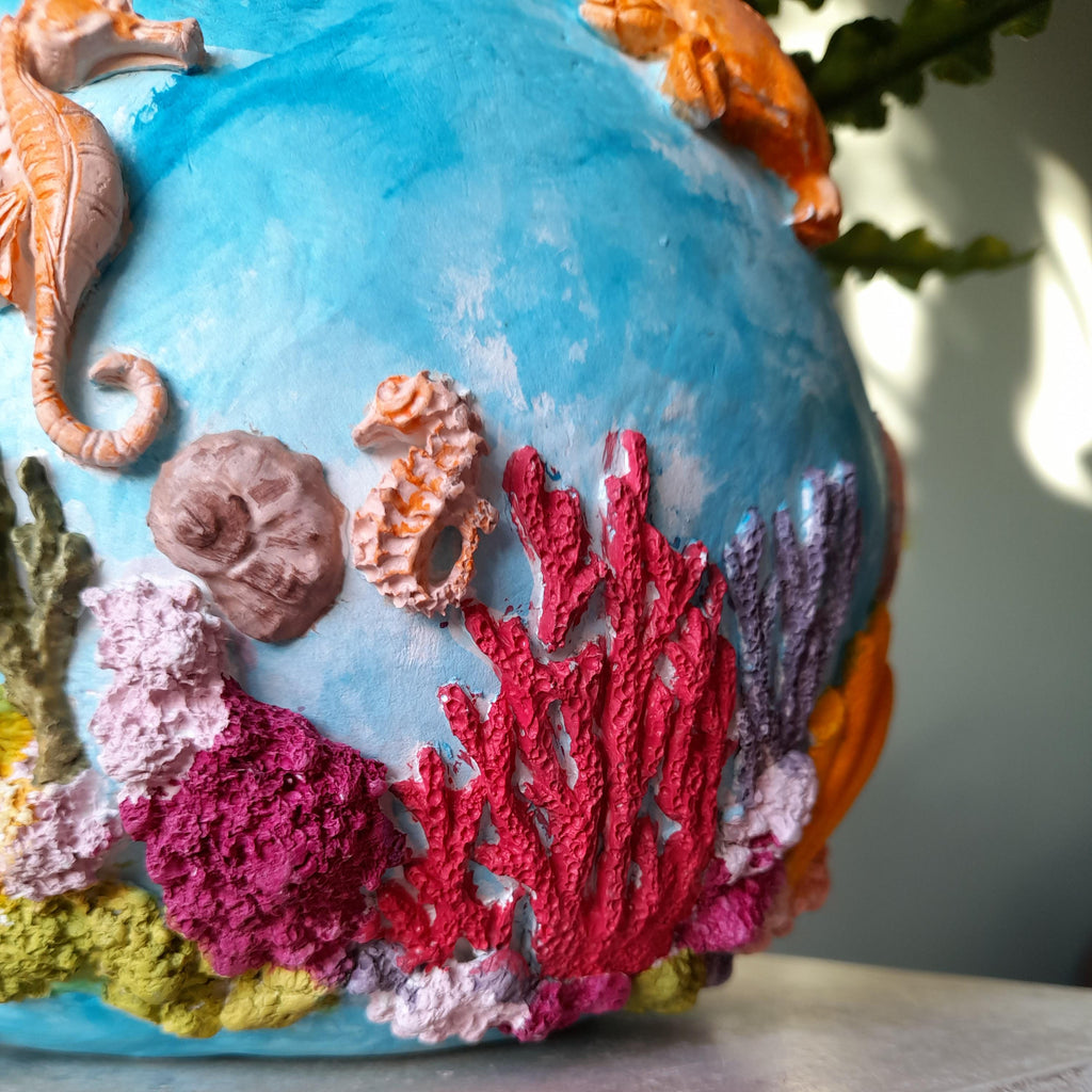 Ocean Reef Vase – Handmade Air Dry Clay Sculpture with Sculpted Sea Life