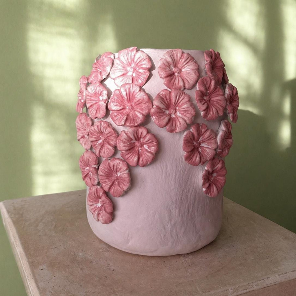 Hortensien-Vase – Handgemachte Skulptur aus lufthärtendem Ton mit geformten Blumendetails