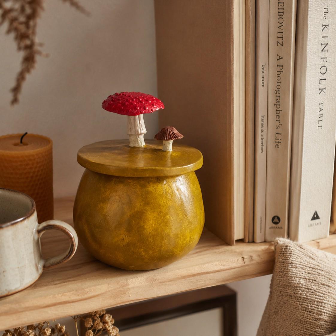 Enchanted Forest Mushroom Trinket Box – Handmade Air Dry Clay & Glass Storage Jar