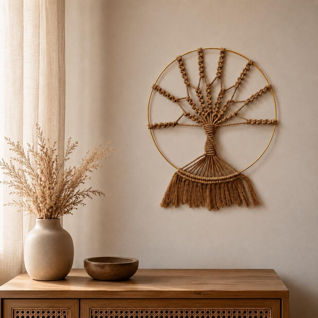 Family Tree Macrame Wall Hanging – Handmade Cotton & Gold Hoop Fiber Art
