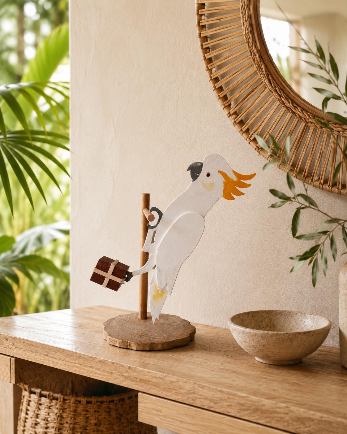Kakadu Skulptur – handgefertigte tropische Vogelfigur aus Holz mit Paket-Detail