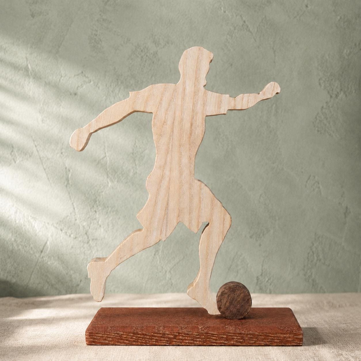 Soccer Player Sculpture – Handmade Wooden Football Figurine on Wood Base