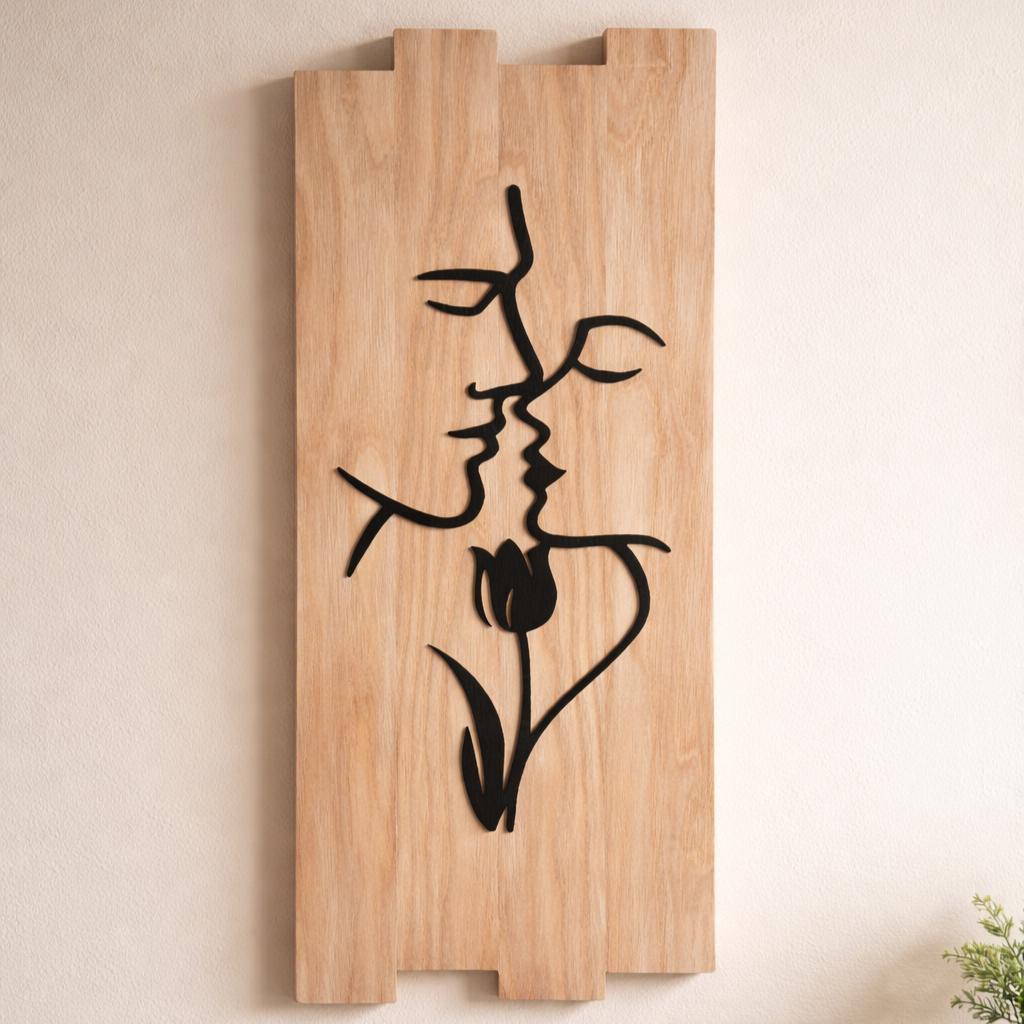 Entre Olhares – Handgefertigte minimalistische Line-Art-Holzwanddekoration mit Blumendetail