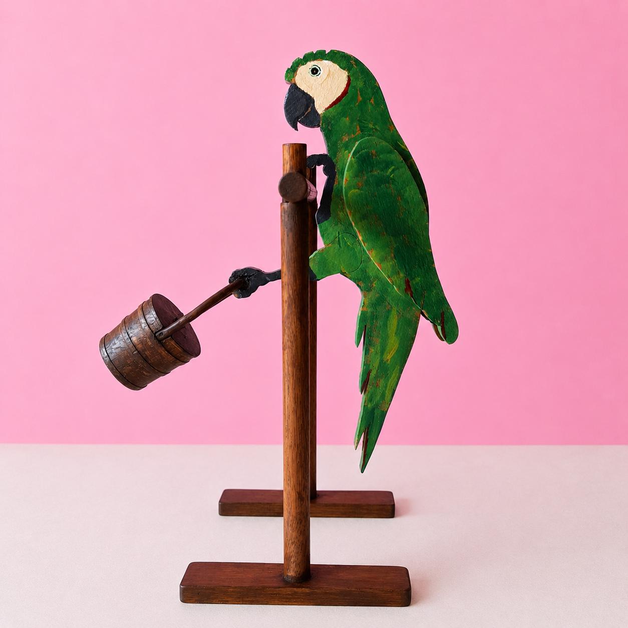 Handpainted Wooden Parrot Sculpture – Balancing Bird with Swinging Barrel