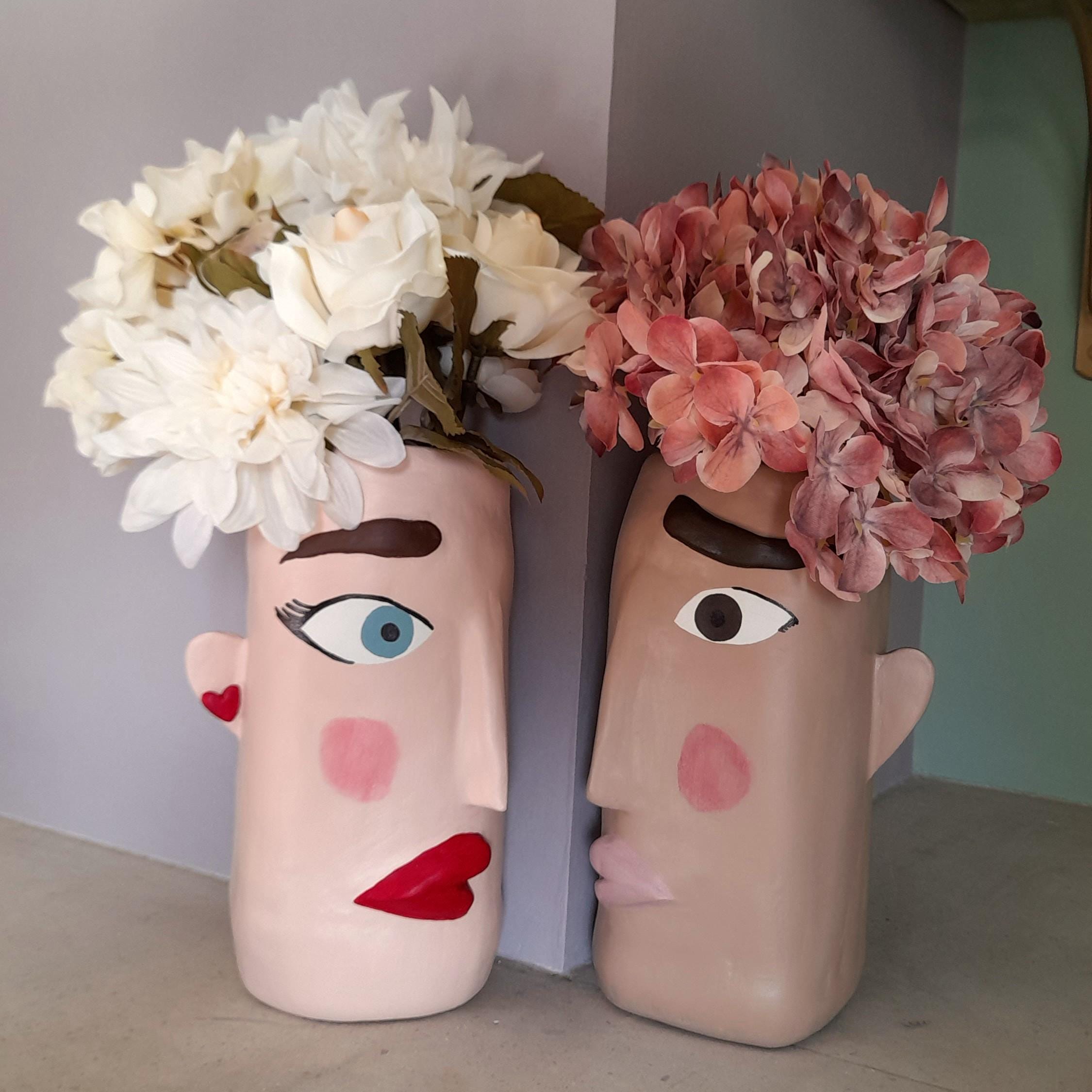 Couple Face Vase Set – Handmade Air Dry Clay His & Hers Sculptural Vases