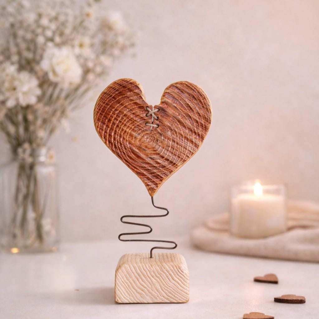 Resilient Heart – Handmade Wooden Heart Sculpture with Stitched Crack & Metal Wire