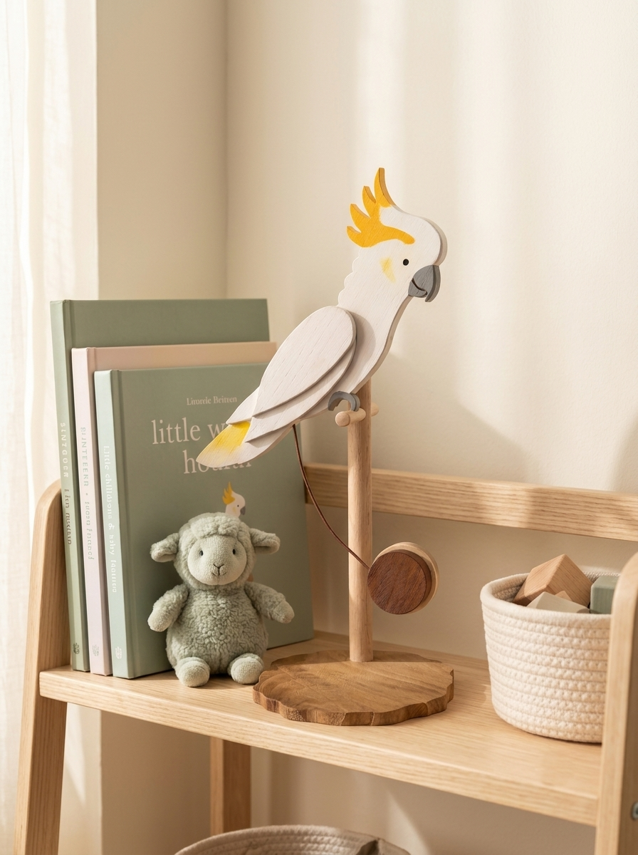 Sculpture de Cacatoès – Figurine en Bois Faite Main d'Oiseau Tropical avec Colis