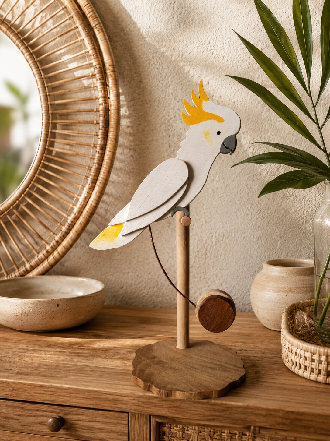 Sculpture de Cacatoès – Figurine en Bois Faite Main d'Oiseau Tropical avec Colis