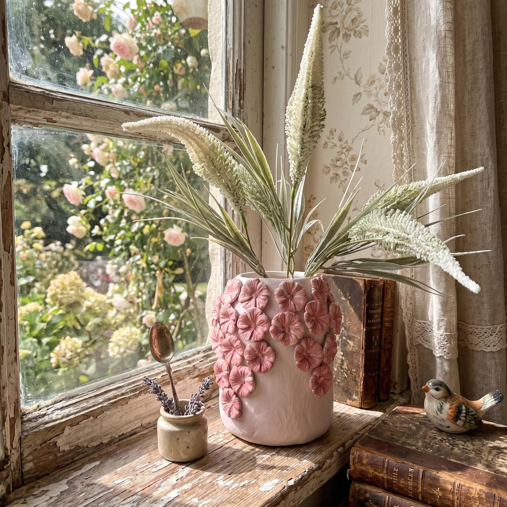Hortensien-Vase – Handgemachte Skulptur aus lufthärtendem Ton mit geformten Blumendetails