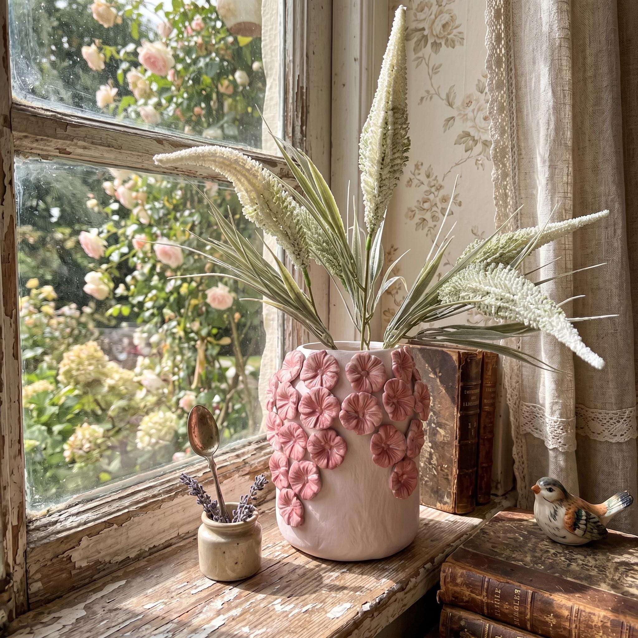 Hortensien-Vase – Handgemachte Skulptur aus lufthärtendem Ton mit geformten Blumendetails