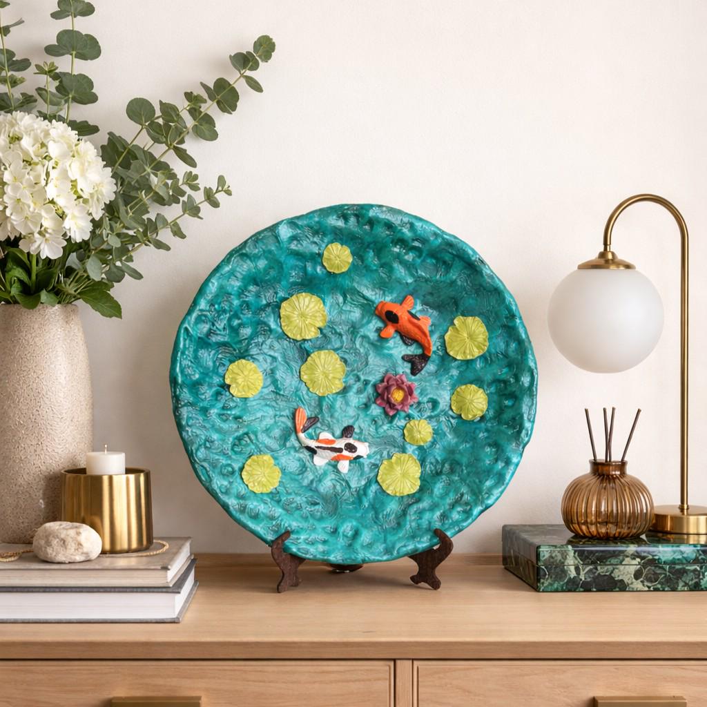 Prato Decorativo Lagoa Koi – Argila Artesanal | 24cm | Arte de Parede e Peça Central