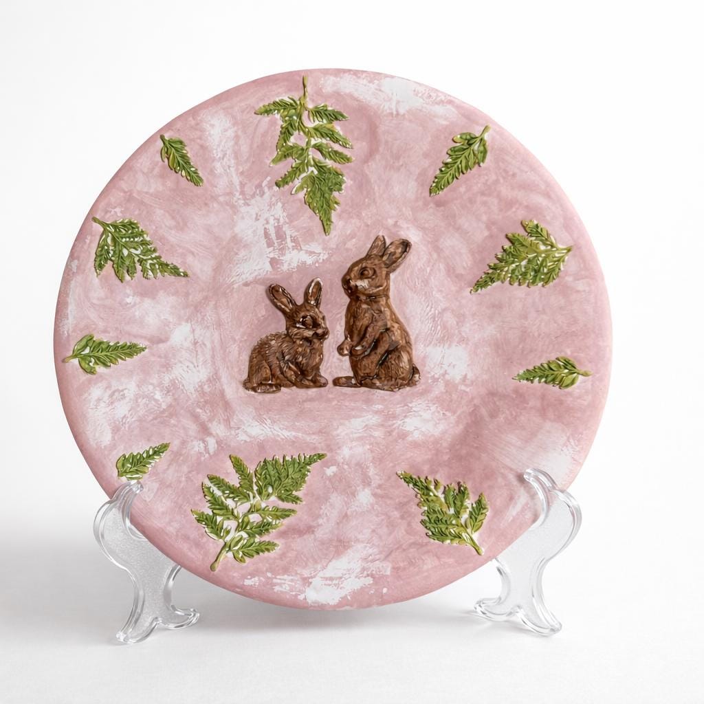 Rabbit Decorative Plate – Handmade Ceramic & Air Dry Clay | 24cm | Easter & Spring Decor