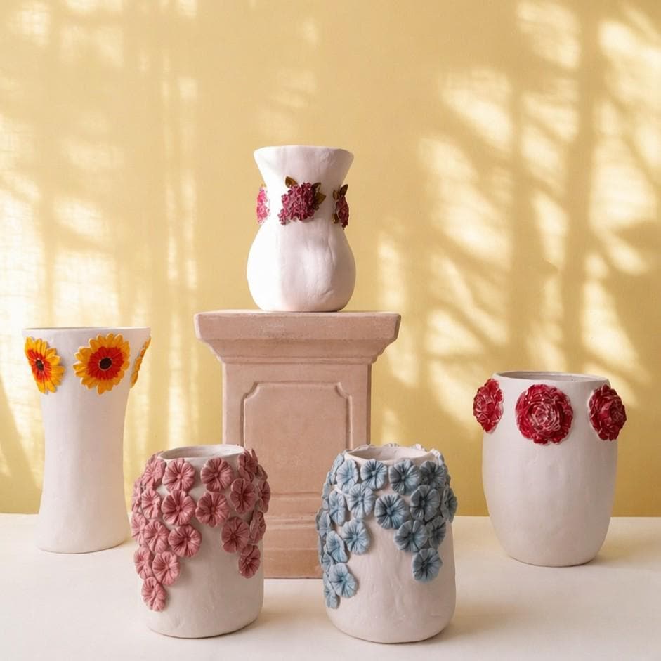 Jarra Gérbera – Escultura Artesanal em Argila com Relevo Floral Amarelo