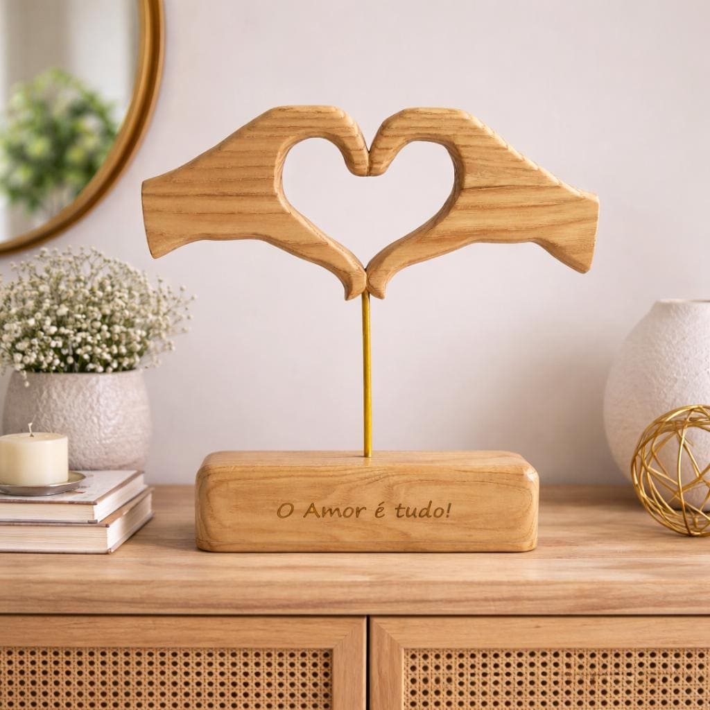 Love is Everything – Handmade Wooden Heart Sculpture with Gold Stand