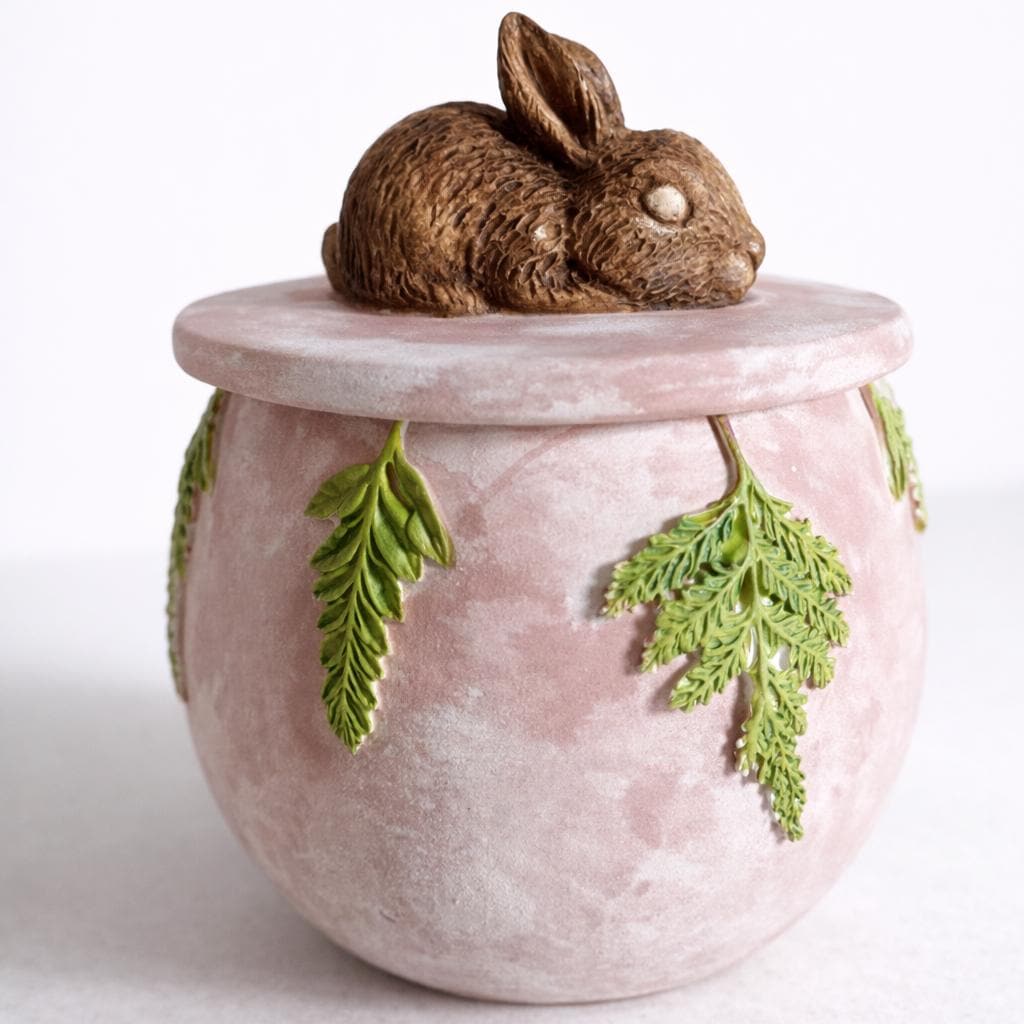 Rabbit Trinket Box – Handmade Air Dry Clay Sculpture with Sleeping Bunny & Fern Leaves