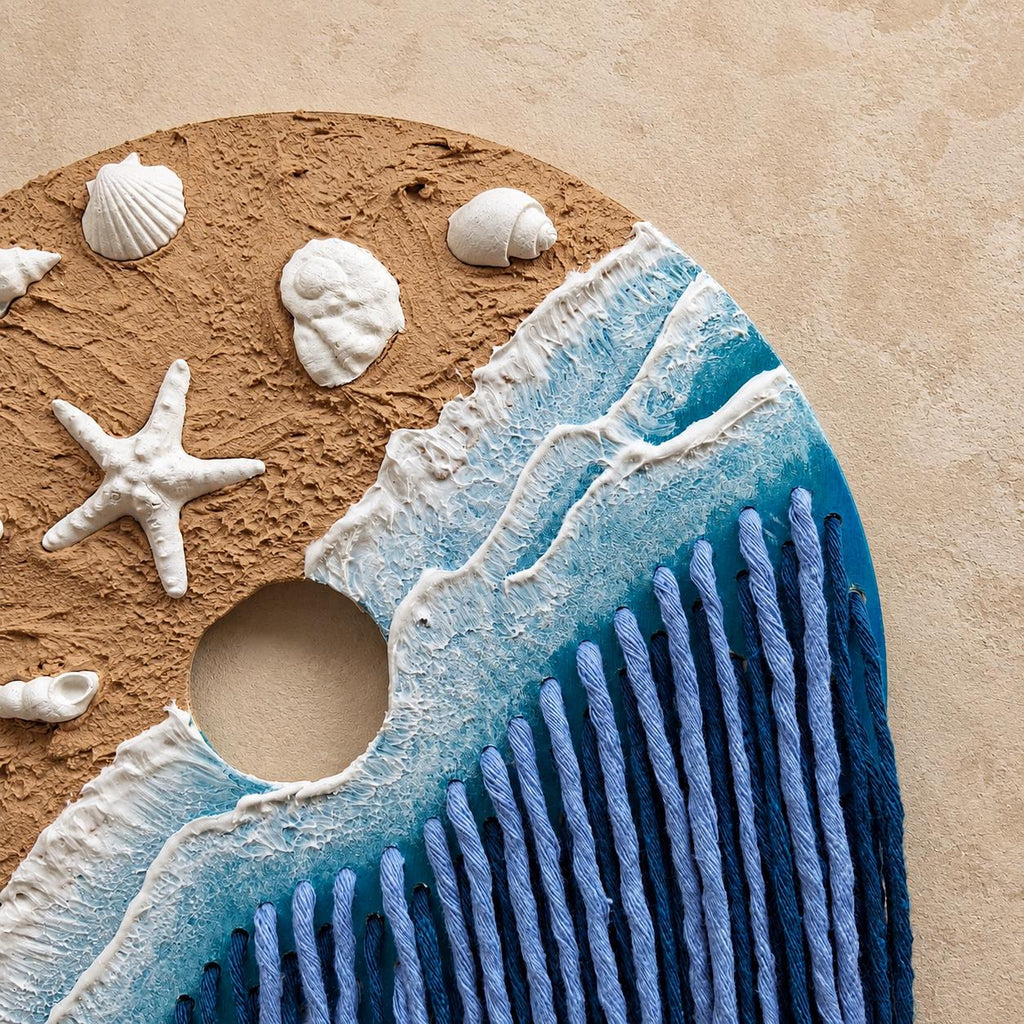 Calm Tide – Decoração de parede artesanal com motivos costeiros em barro, madeira e algodão