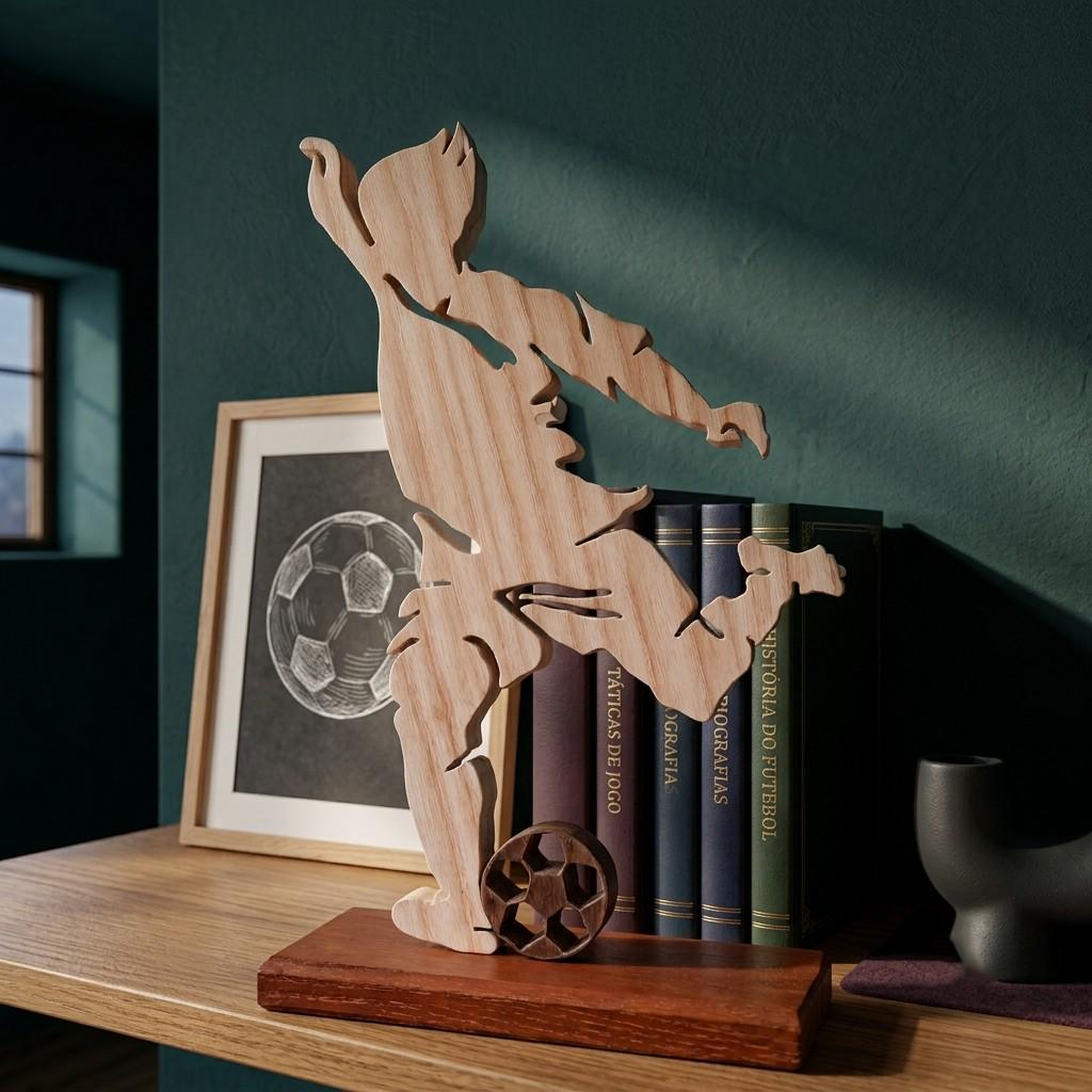 Goal Moment – Handmade Wooden Football Player Sculpture