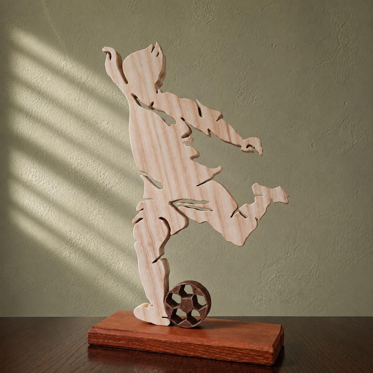Goal Moment – Handmade Wooden Football Player Sculpture