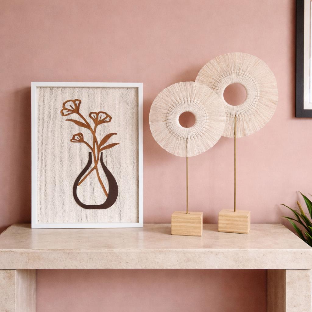 Flores de Serenidade – Arte de Parede Floral Minimalista em Madeira e Corda, Feita à Mão