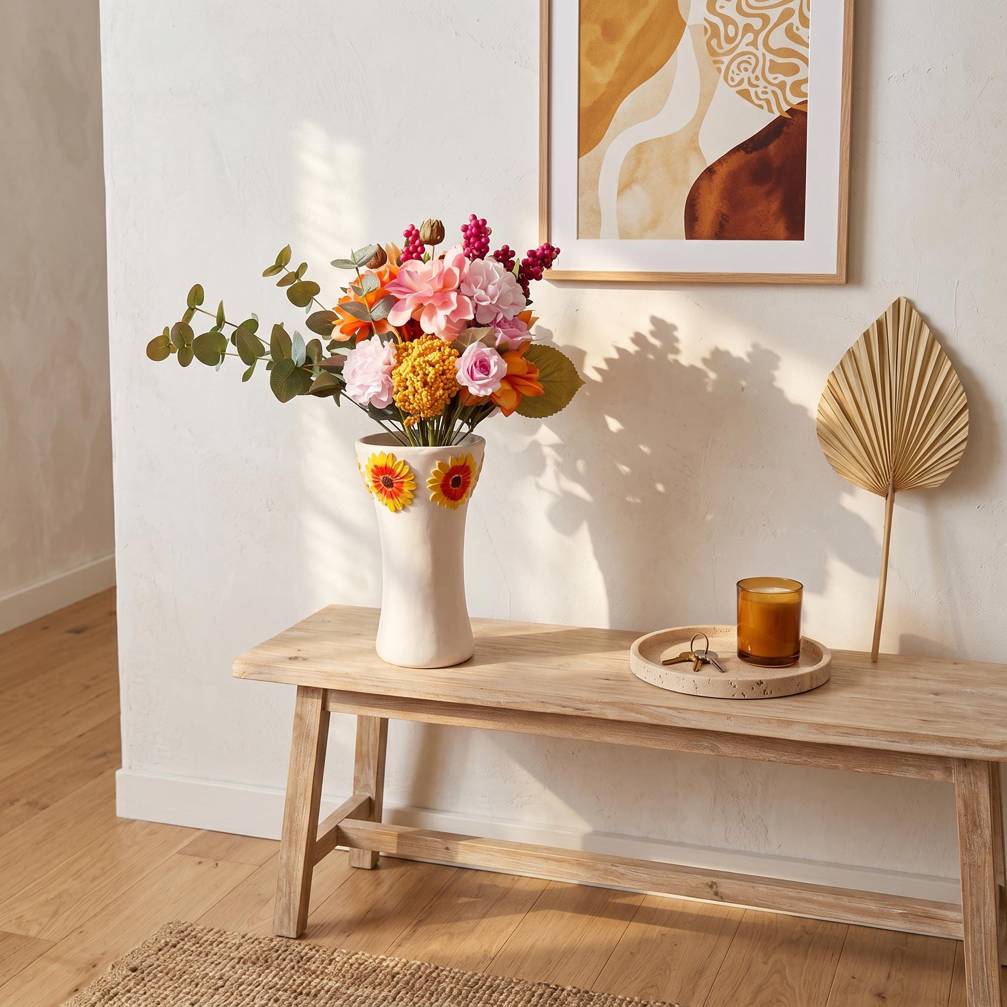 Jarra Gérbera – Escultura Artesanal em Argila com Relevo Floral Amarelo