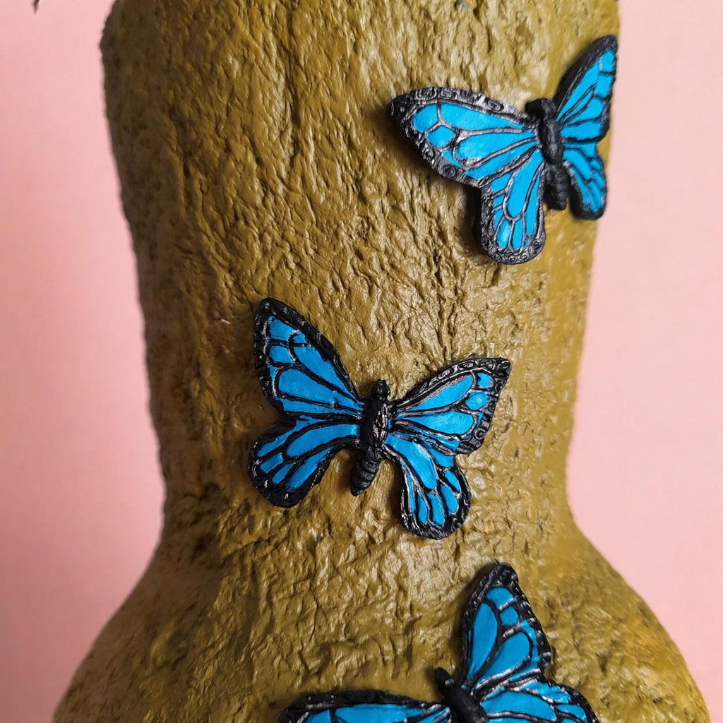 Butterfly Vase – Handmade Air Dry Clay Sculpture with Blue Morpho & Pink Butterflies