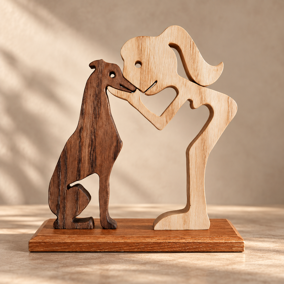 Mädchen und Windhund Gefährten, handgefertigte Holzskulptur