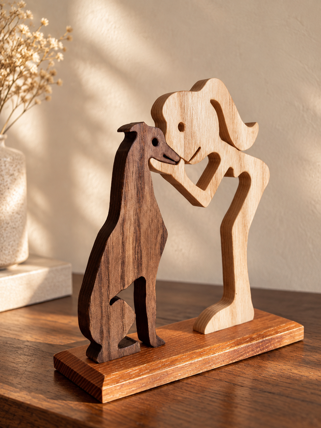 Mädchen und Windhund Gefährten, handgefertigte Holzskulptur