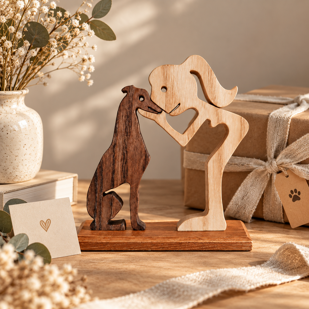 Jeune fille et lévrier, sculpture artisanale en bois
