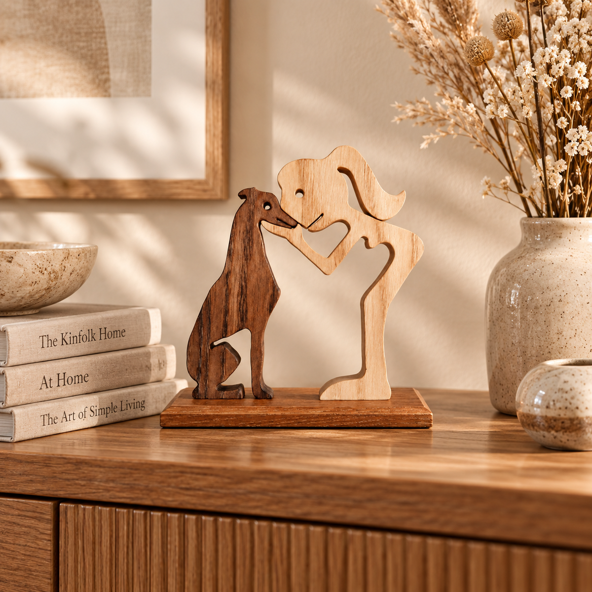 Jeune fille et lévrier, sculpture artisanale en bois