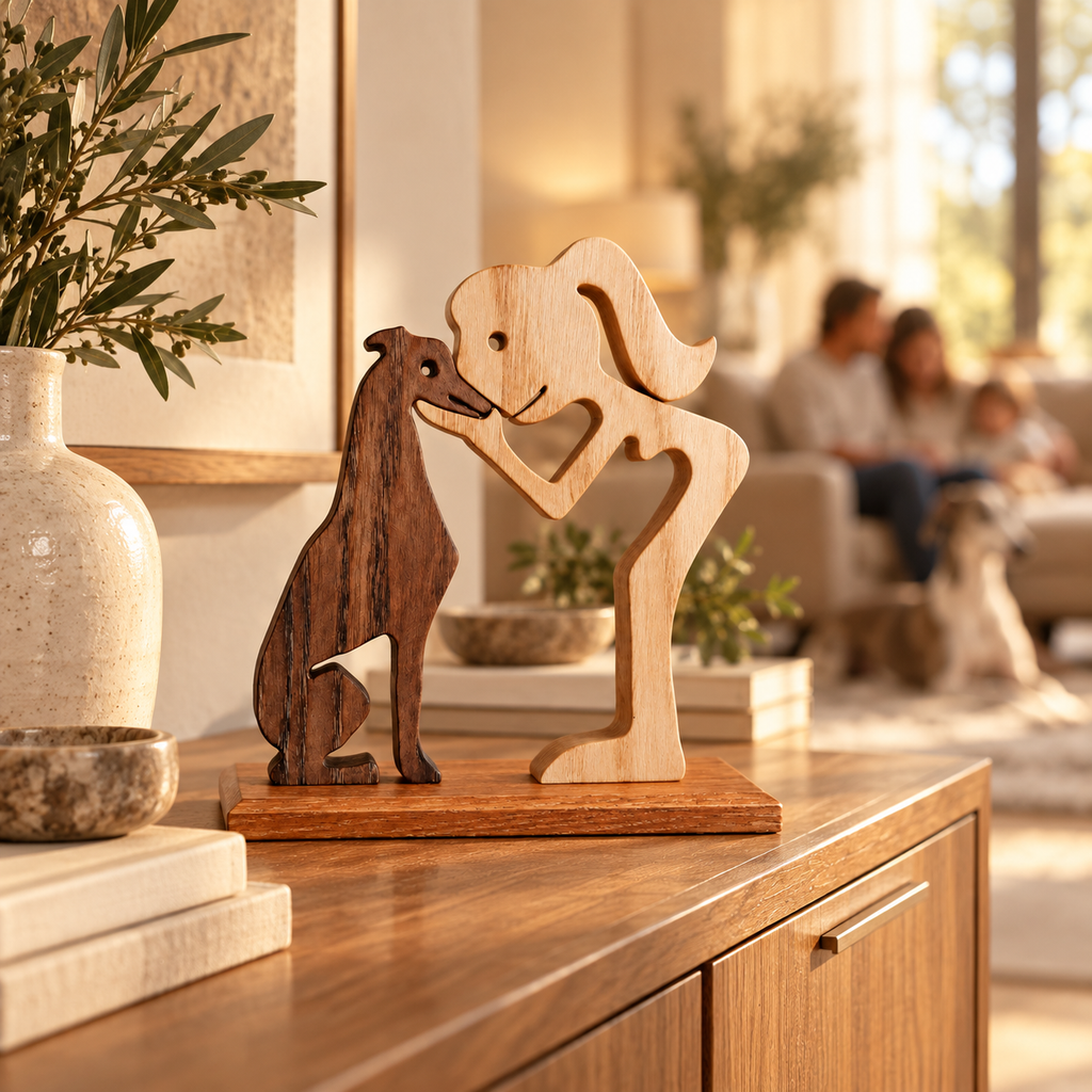 Jeune fille et lévrier, sculpture artisanale en bois