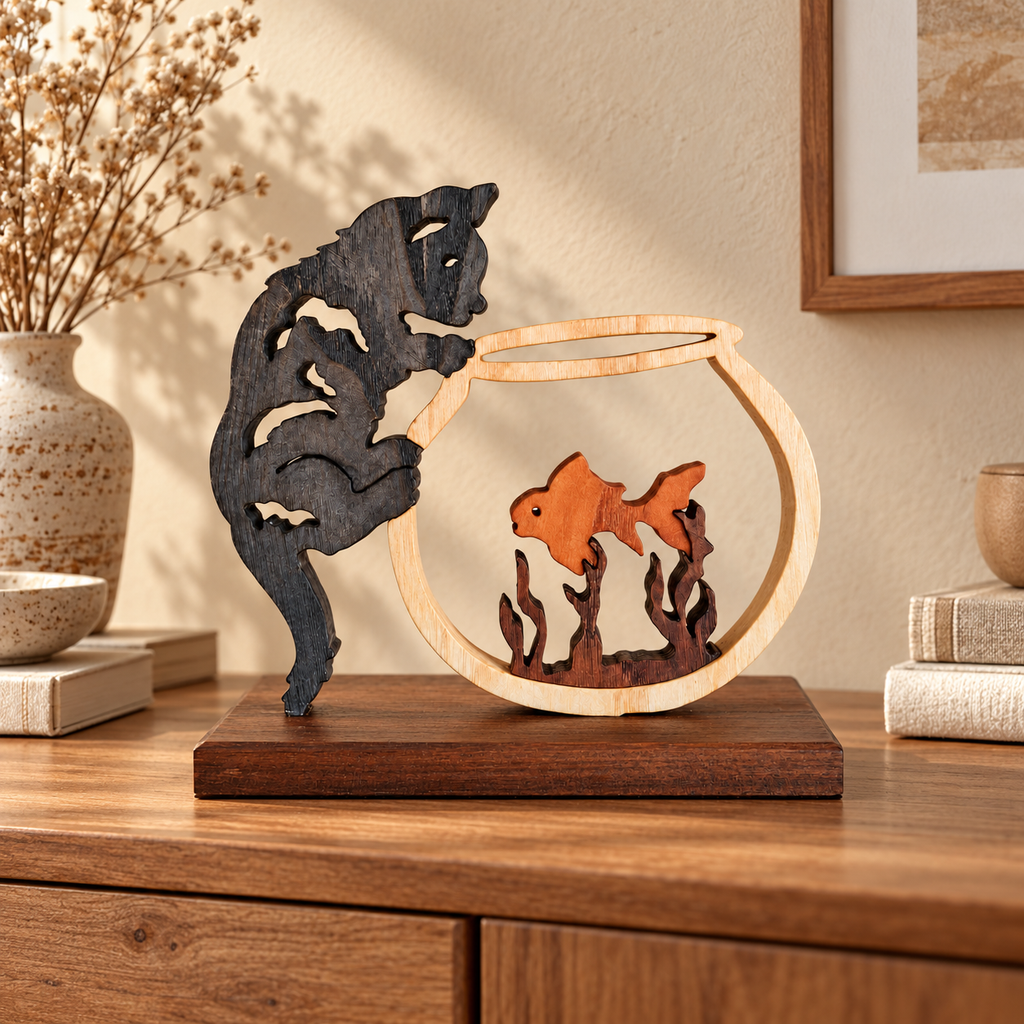 Curiosité féline – Sculpture artisanale en bois représentant un chat et un poisson