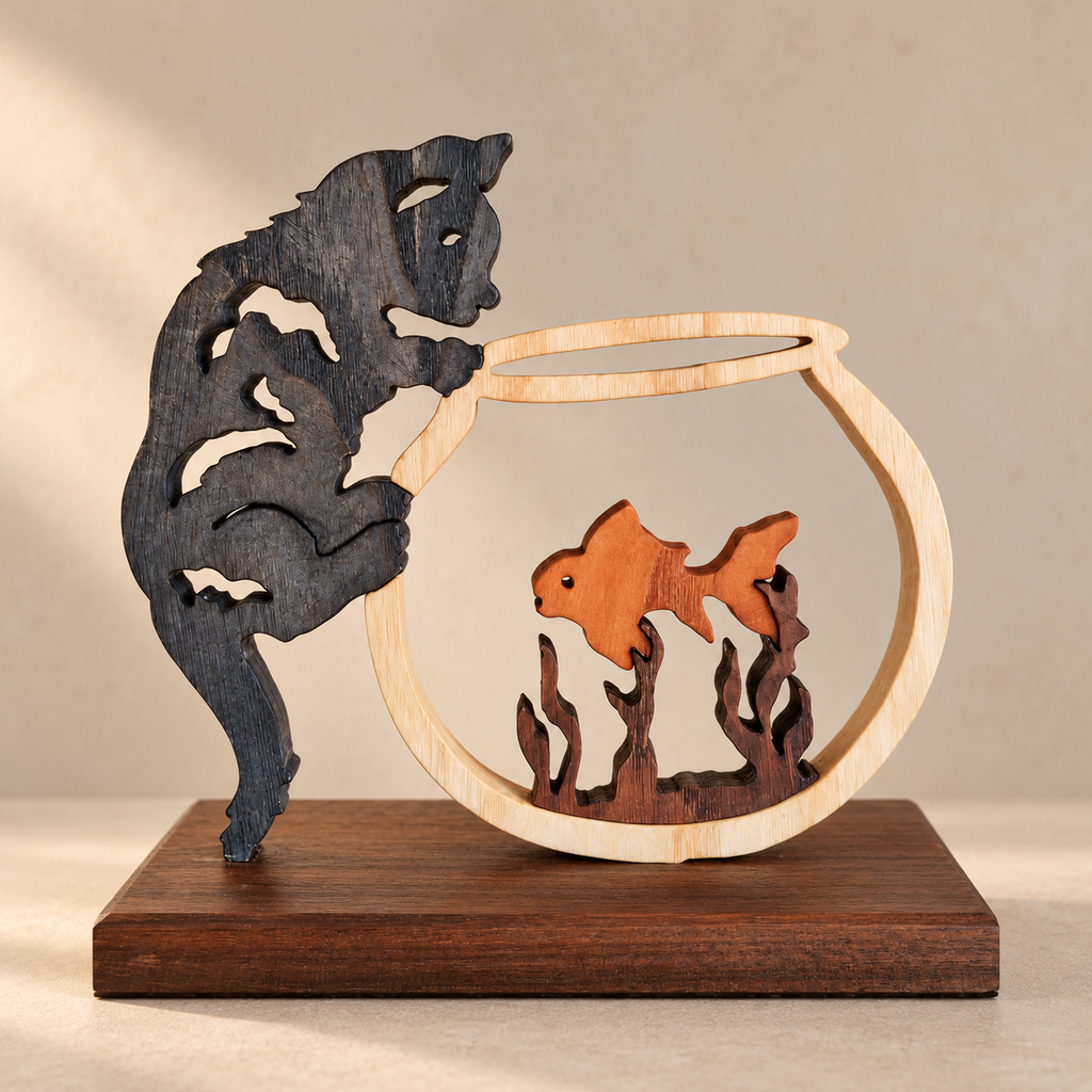 Curiosité féline – Sculpture artisanale en bois représentant un chat et un poisson