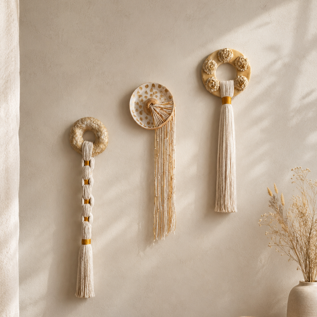 Boho Wandbehang, handgefertigt aus lufttrocknendem Ton und Baumwolle, einzeln oder als Komplettset wählbar – Einzigartige neutrale Wandkunst aus Textil