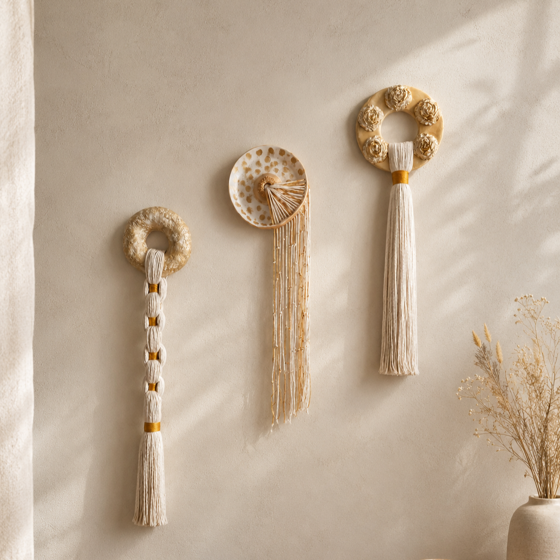 Coleção Mural Dourado, Decoração Boho em Argila e Algodão