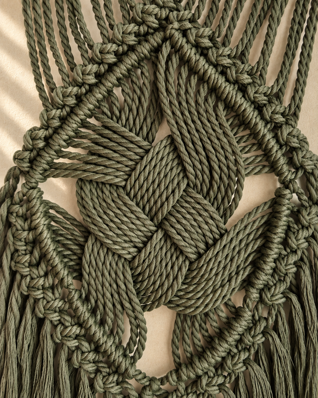 Tenture murale en macramé faite main avec bois flotté, 65 cm - Décoration murale bohème en coton naturel