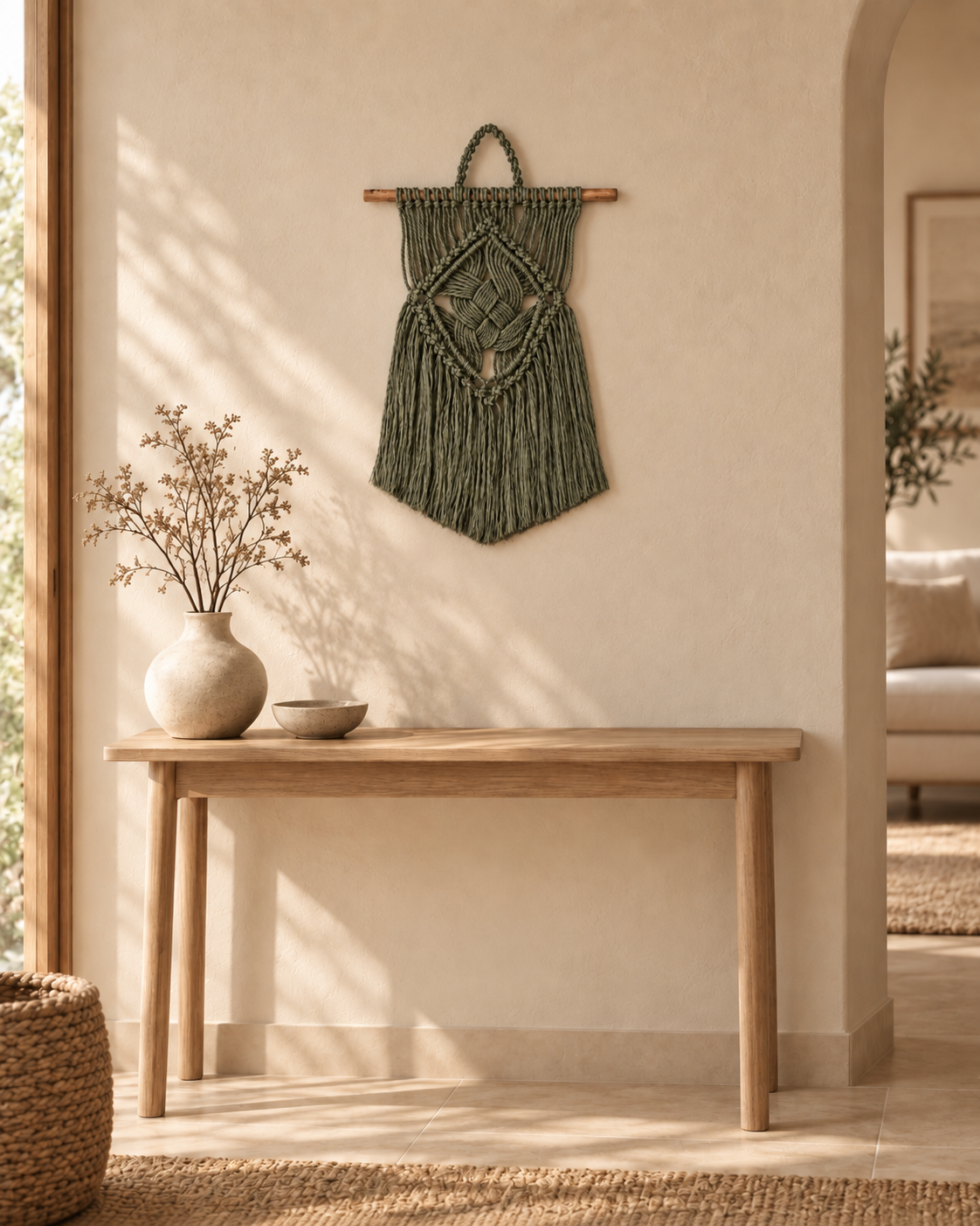 Mural de Macramé Artesanal com Madeira à Deriva, 65cm – Decoração Natural em Algodão Boho