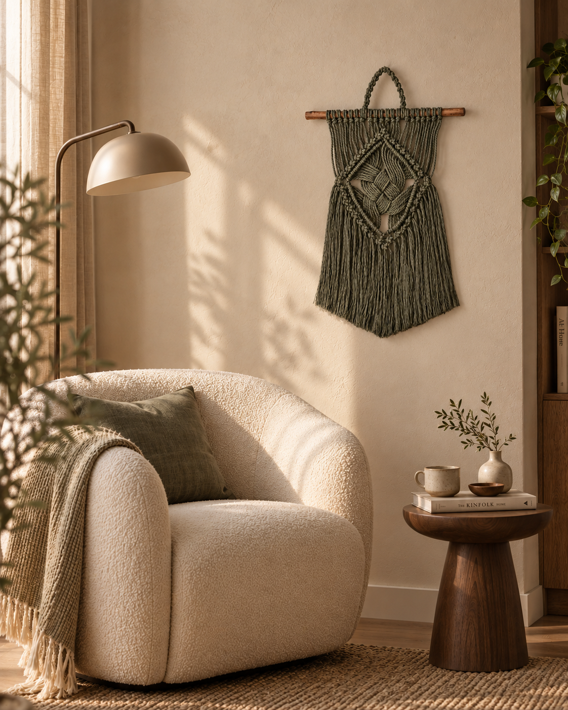 Mural de Macramé Artesanal com Madeira à Deriva, 65cm – Decoração Natural em Algodão Boho