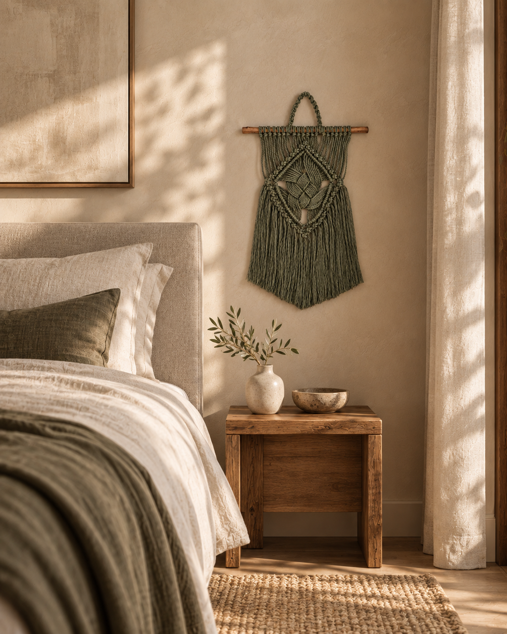 Tenture murale en macramé faite main avec bois flotté, 65 cm - Décoration murale bohème en coton naturel