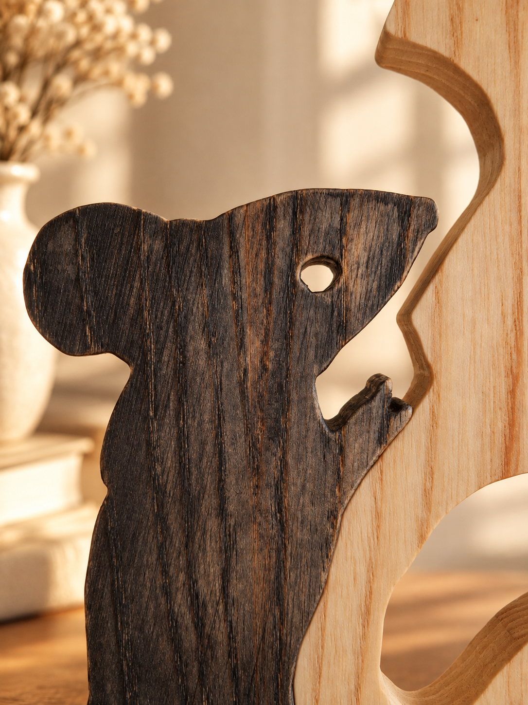 Holzskulptur „Käsediebe“, Maus- und Käse-Deko